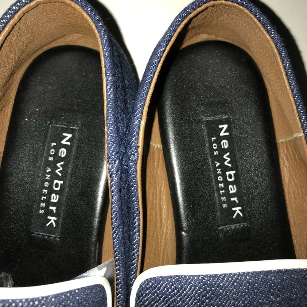 Newbark Melanie White Leather Trimmed Dark Navy Denim Loafers Size 7